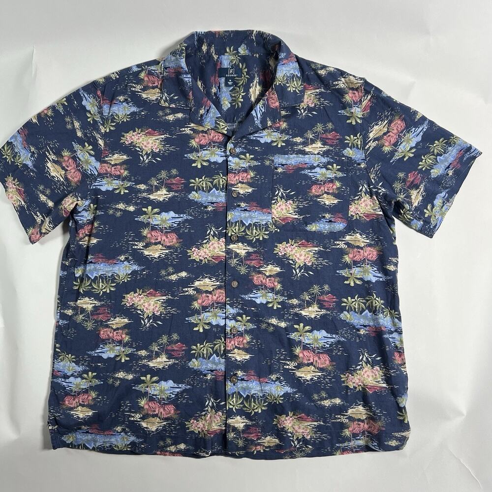 George Men's XL Blue Multicolor Hawaiian Tropical Woven Button-Up Shirt SS